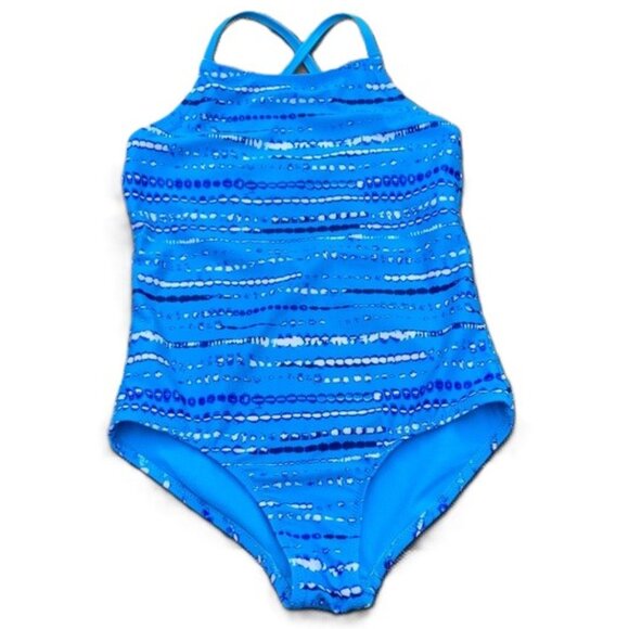 LANDS END Blue Striped Kids 1 Piece Swimsuit Girls Medium 8 - Picture 1 of 13